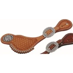 Western Rawhide Country Legend Shaped Basket Tooling Spur Straps With Steel Dots - Golden Tan